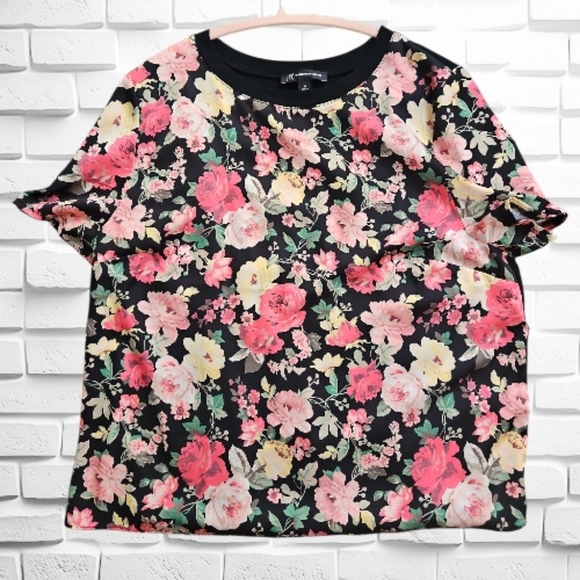 INC International Concepts Tops - Floral Short-Sleeve Women's Top - Black‎ with Pink & Yellow Flowers